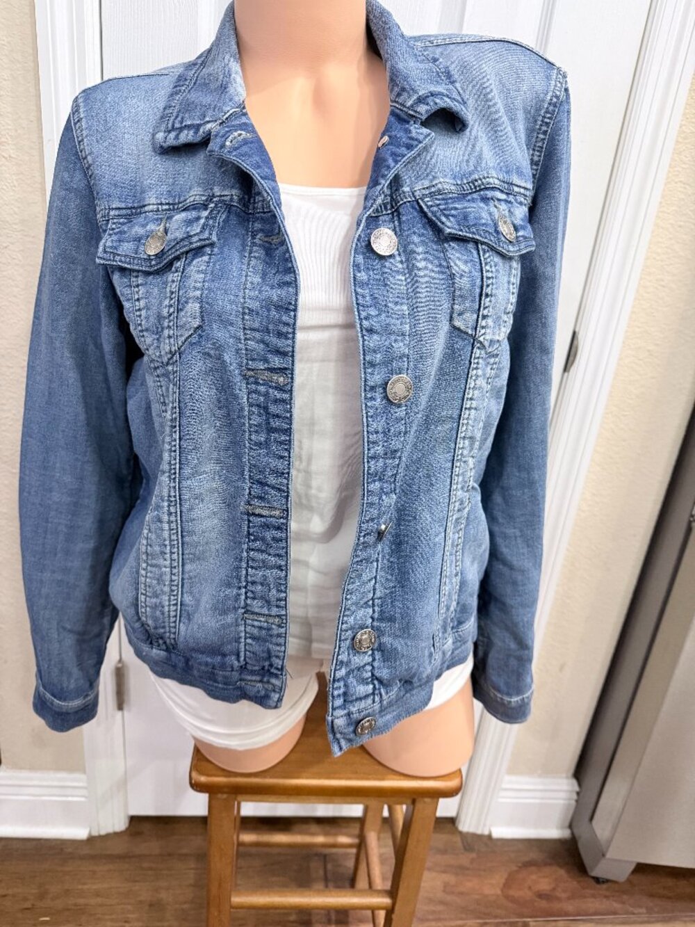 Buffalo David Bitton Knit Denim Jacket Womens Large Blue Stretch Trucker Jean